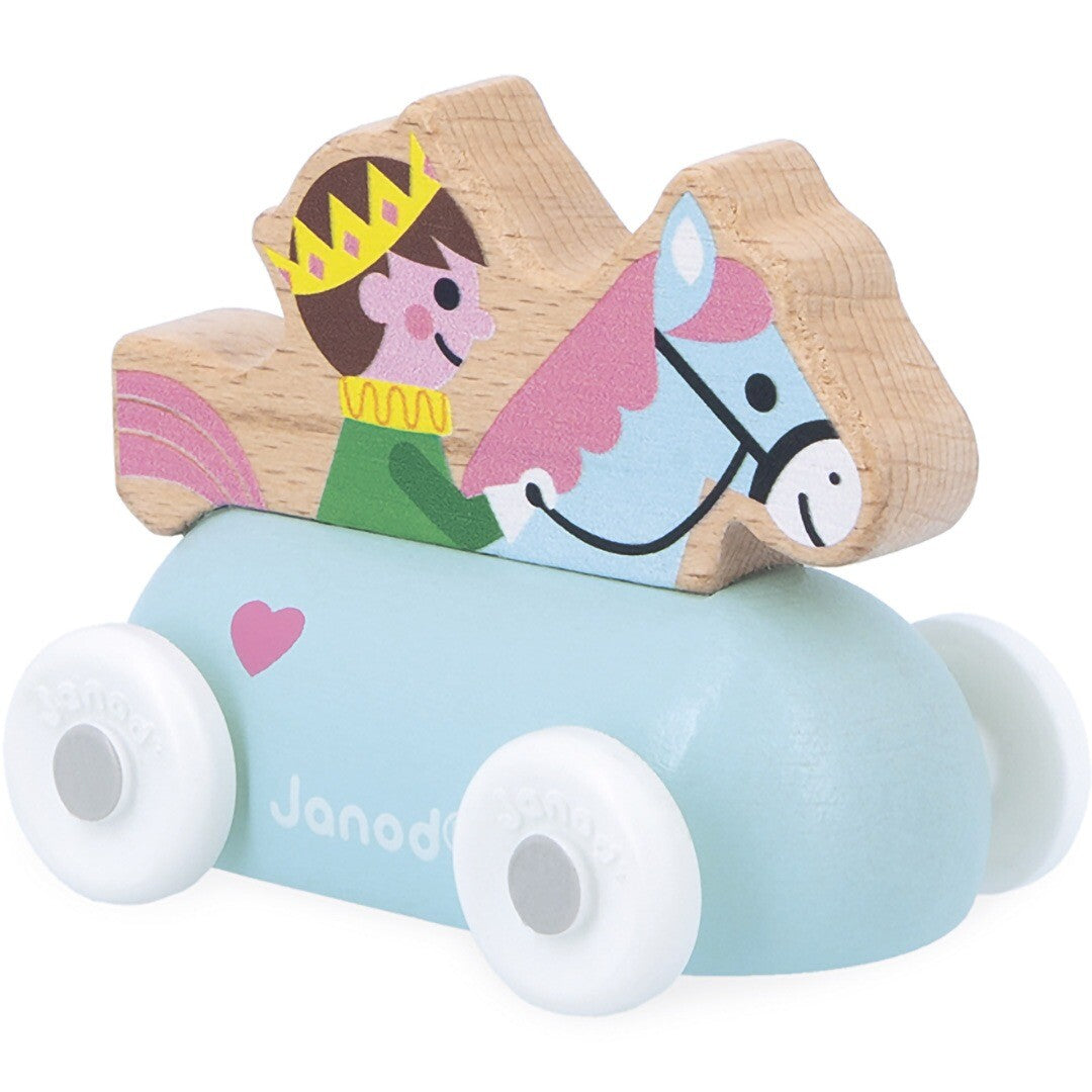 Janod houten speelgoedauto met een prins op een paard.