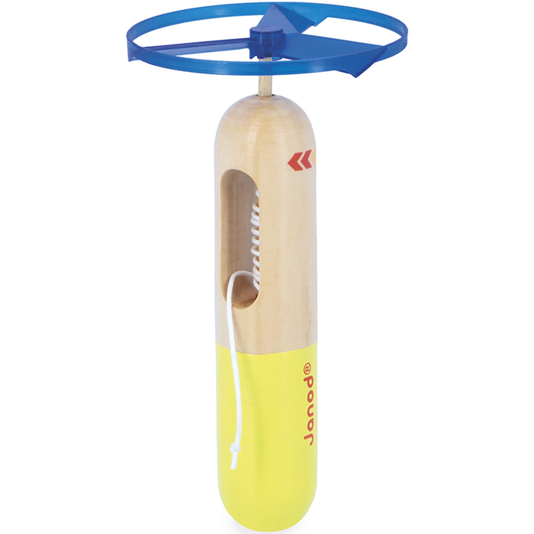 Janod houten propeller lanceerder met blauwe propeller en geel handvat.