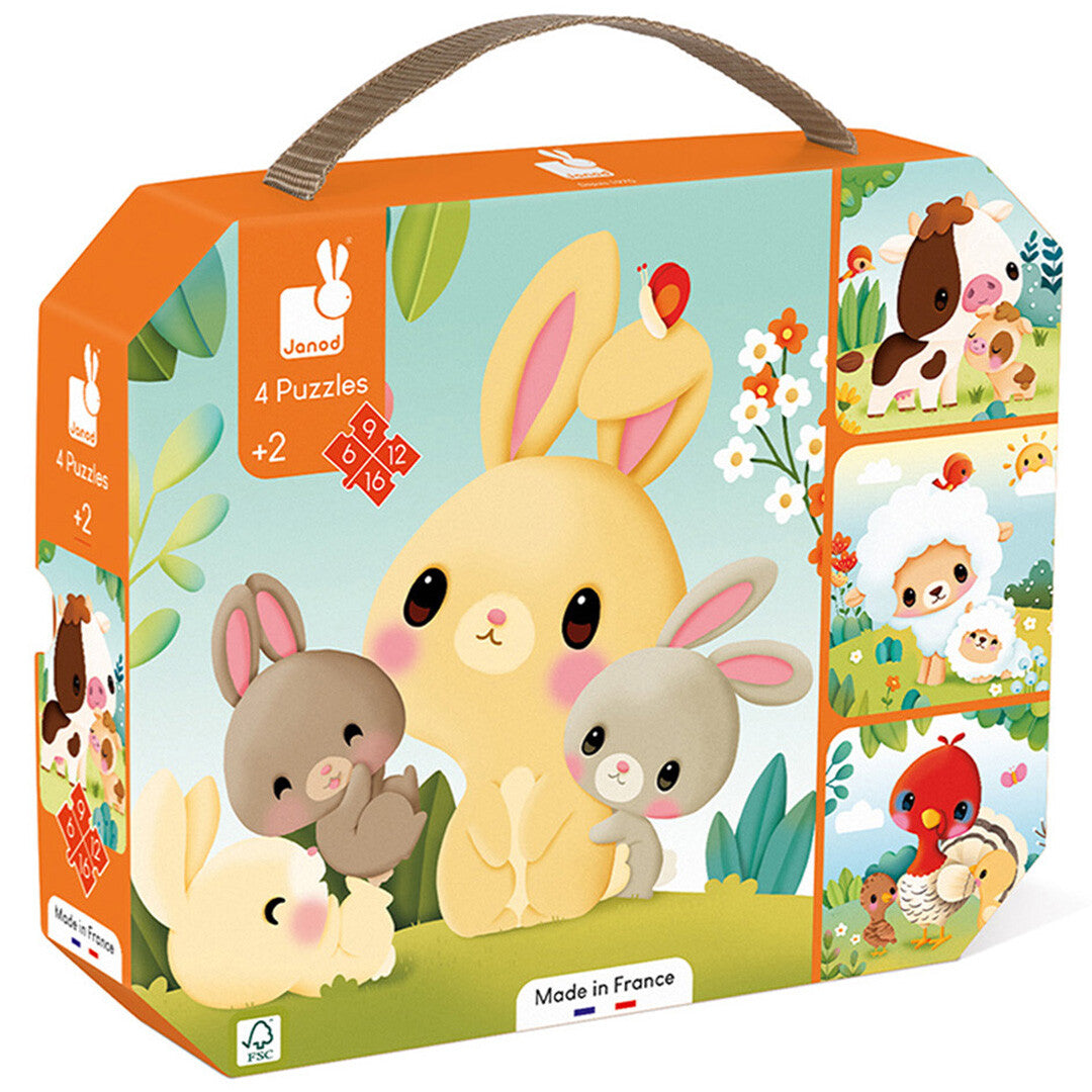 Janod verpakking van een set van vier boerderijdieren puzzels voor jonge kinderen.