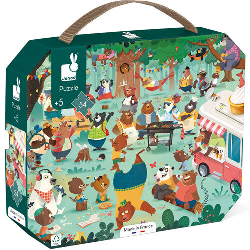 Janod puzzelverpakking met een illustratie van een berenpicknick in het bos.