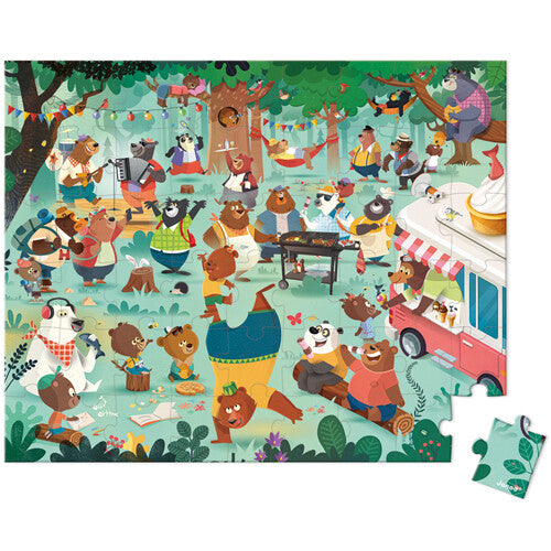 Janod legpuzzel van 54 stukjes met een illustratie van een berenpicknick in het bos, met één los puzzelstukje.