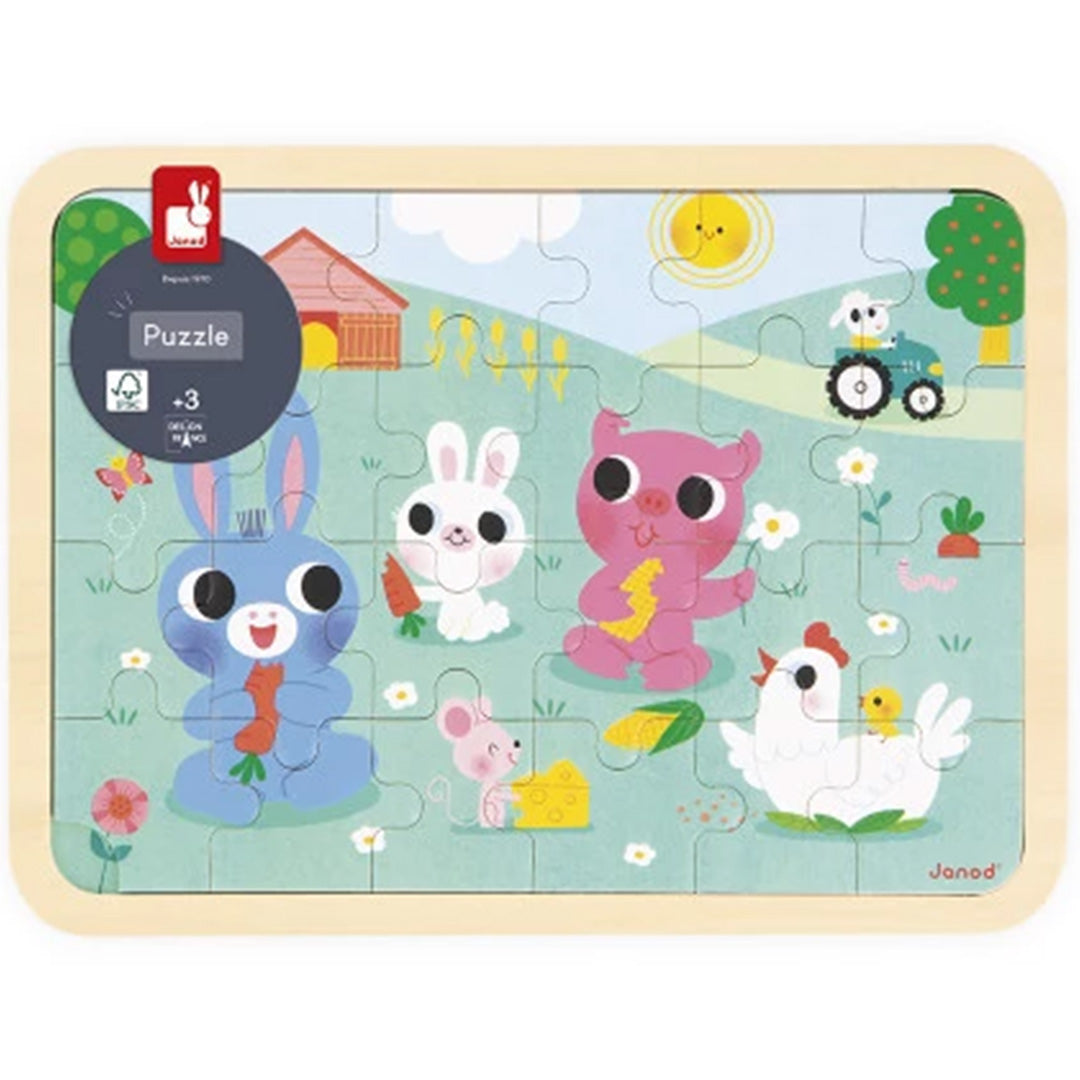 Janod houten puzzel met een boerderijtafereel en vrolijke dieren, geschikt voor kinderen vanaf 3 jaar.