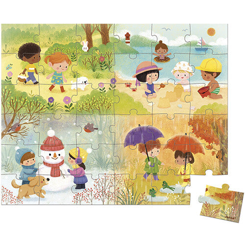 Janod legpuzzel 'De Seizoenen' van 36 stukjes, compleet gelegd, met een losse puzzelstukje.