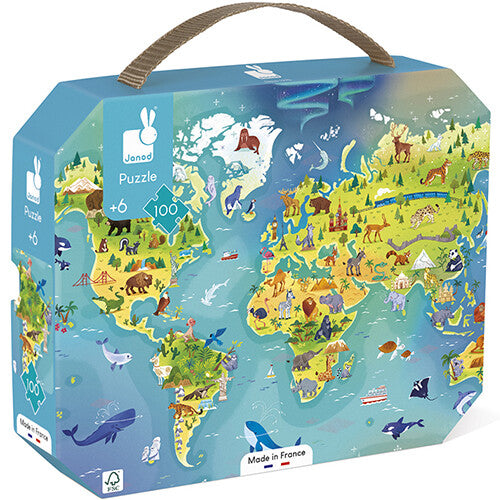 Janod kinderpuzzel verpakking met een wereldkaart vol dieren.