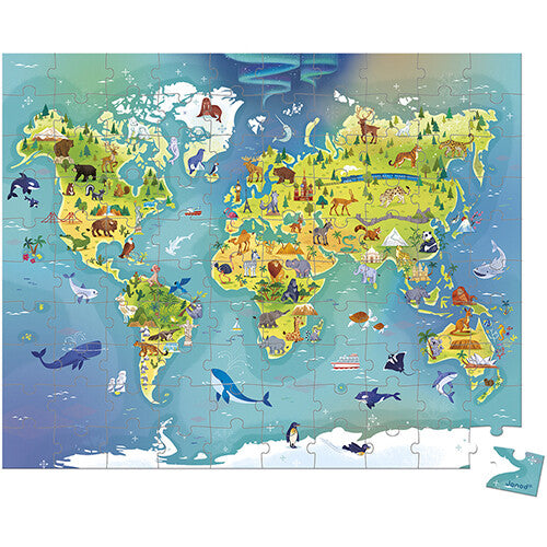 Janod legpuzzel van een wereldkaart met dieren en een los puzzelstukje.