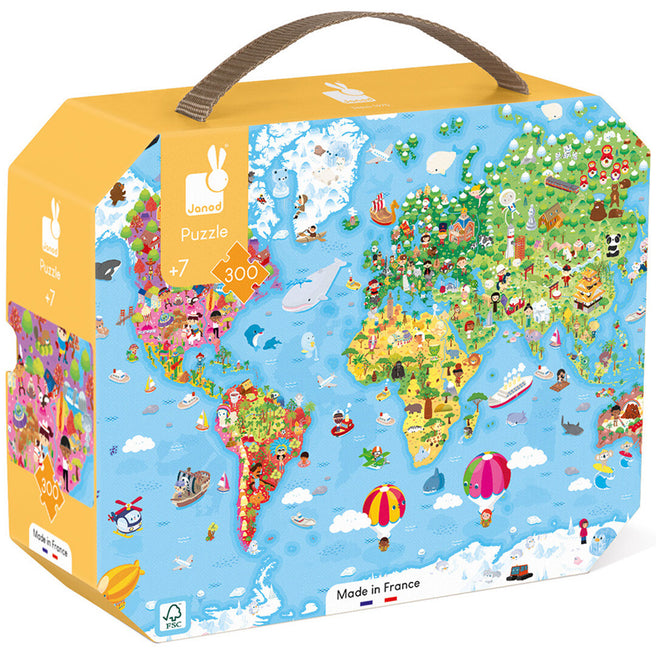 Janod puzzelverpakking van een wereldkaart met dieren en voertuigen.