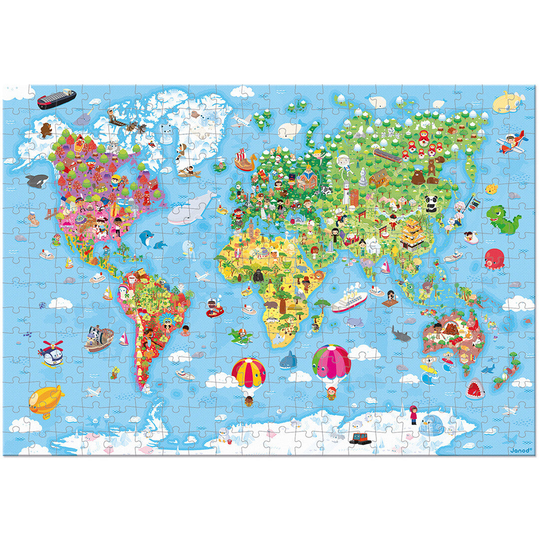 Janod legpuzzel van een wereldkaart met dieren en voertuigen.