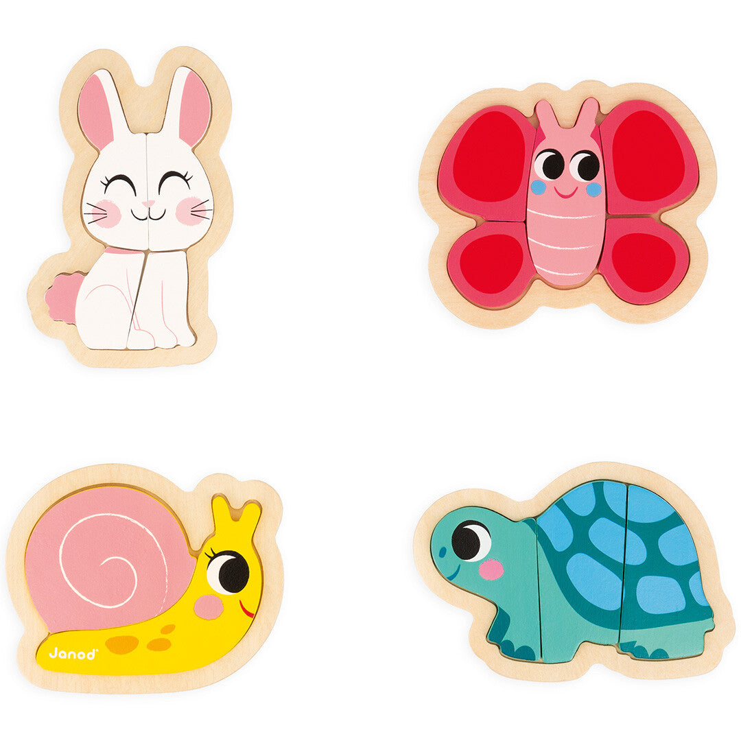 Janod houten dierenpuzzels van een konijn, vlinder, slak en schildpad.