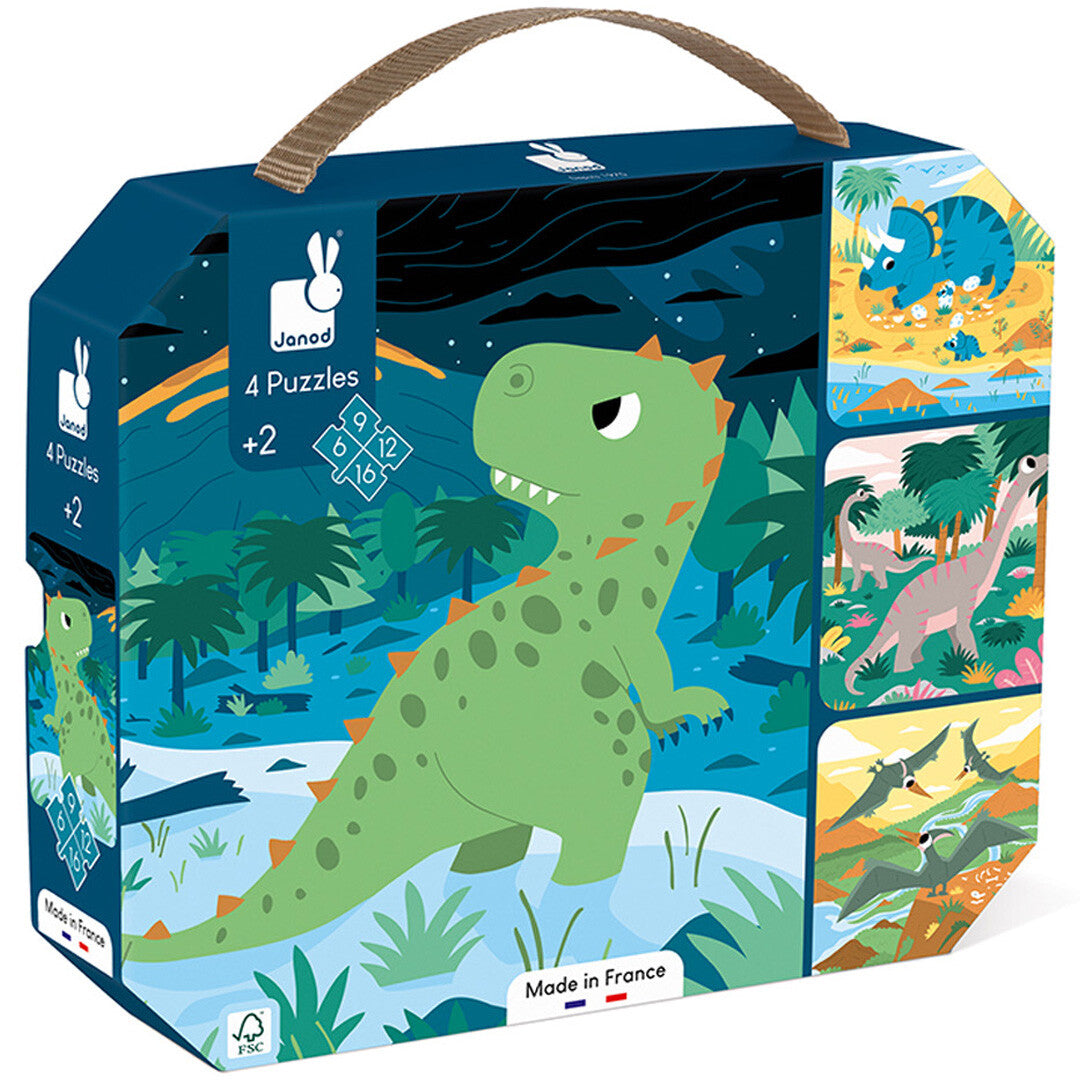 Janod puzzelverpakking met een grote groene dinosaurus en afbeeldingen van vier dinosauruspuzzels.