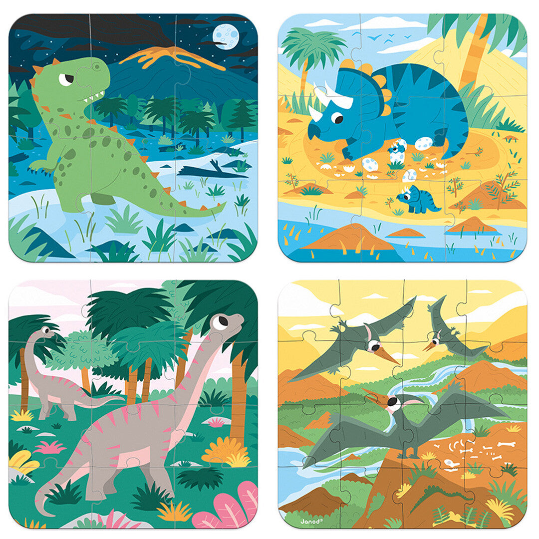 Vier Janod legpuzzels met verschillende dinosaurusscènes, waaronder een T-Rex, Triceratops, Brachiosaurus en Pterodactyls.