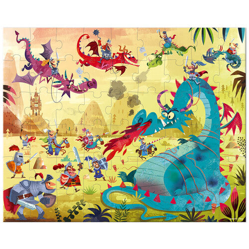 Janod legpuzzel met een scène van ridders die vechten tegen een grote draak.