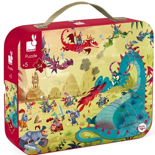 Janod puzzel draken verpakking met ridders en een vuurspuwende draak.