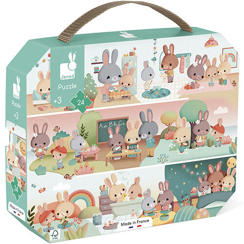 Janod legpuzzel 'Een lange dag' verpakking met illustraties van konijnen die dagelijkse activiteiten uitvoeren.
