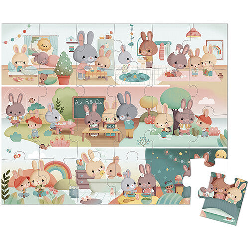 Janod legpuzzel 'Een lange dag' van 24 stukjes met konijnen die dagelijkse activiteiten uitvoeren, en een los puzzelstukje.