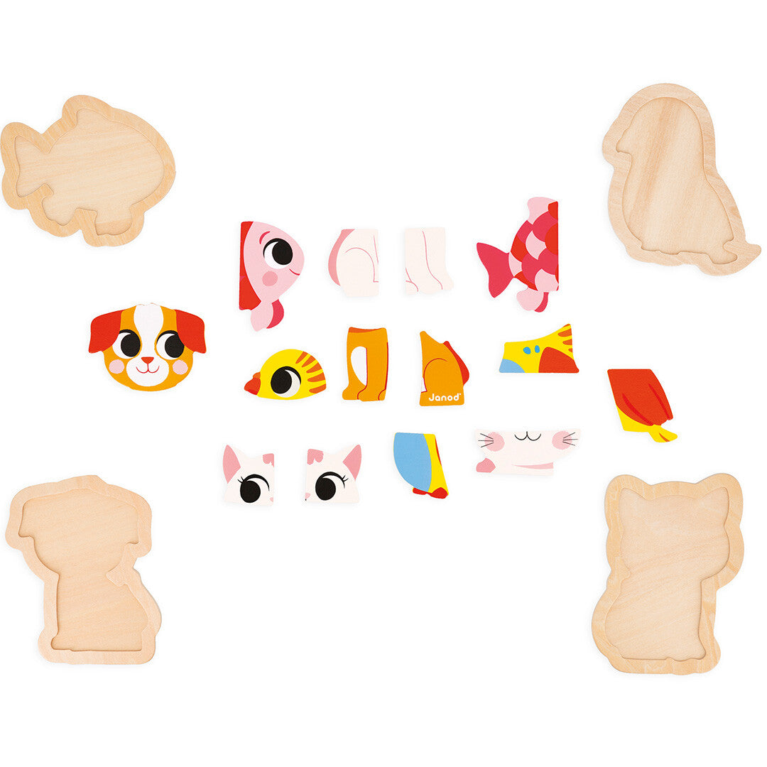 Janod houten dierenpuzzel met losse stukken en de vier houten vormen van de dieren.