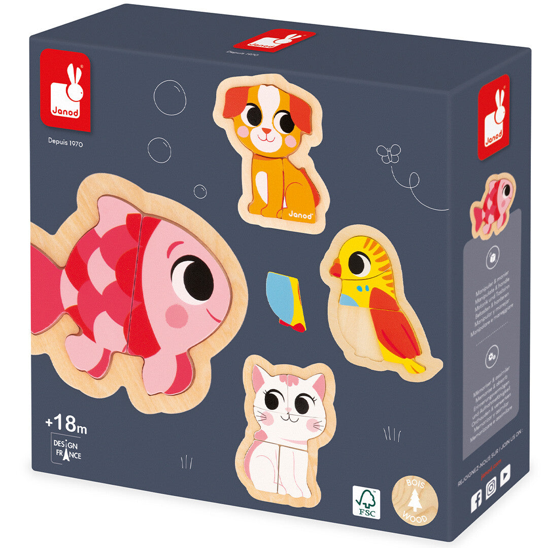 Verpakking van de Janod houten dierenpuzzel met afbeeldingen van de vis, hond, vogel en kat.