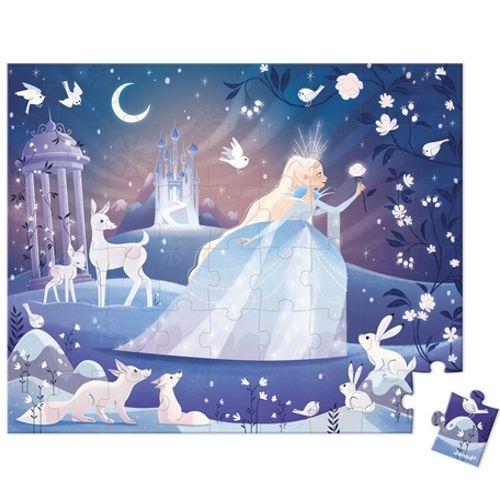 De Janod puzzel Ijsmagie van 54 stukjes met een prinses, kasteel en winterdieren.