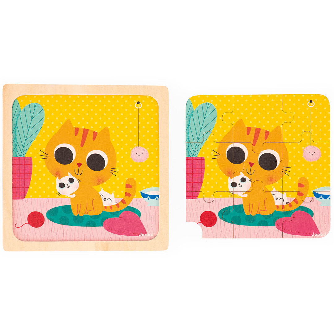 Twee Janod houten puzzels met kattenafbeelding, beide in elkaar gezet.