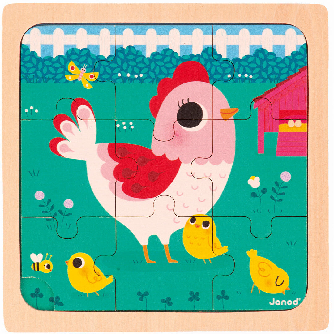 Janod houten puzzel met een boerderijthema van een kip en kuikens.