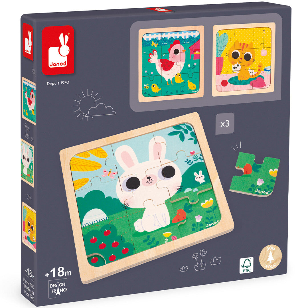 Verpakking van de Janod houten puzzelset met afbeeldingen van een konijn, kip en kat.