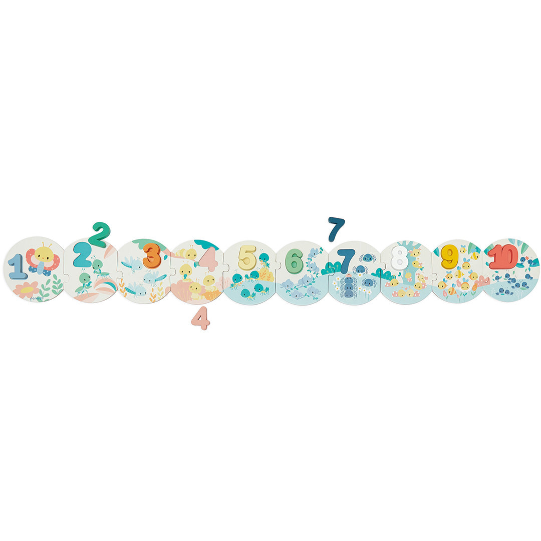 De complete Janod houten cijferpuzzel met dierenmotieven en de nummers 1 tot en met 10, liggend op een rij.