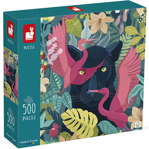 Janod puzzelverpakking met een illustratie van een zwarte panter en roze vogels in de jungle.