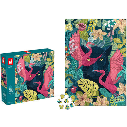 Janod legpuzzel en de verpakking, beide tonen een zwarte panter en roze vogels in de jungle.