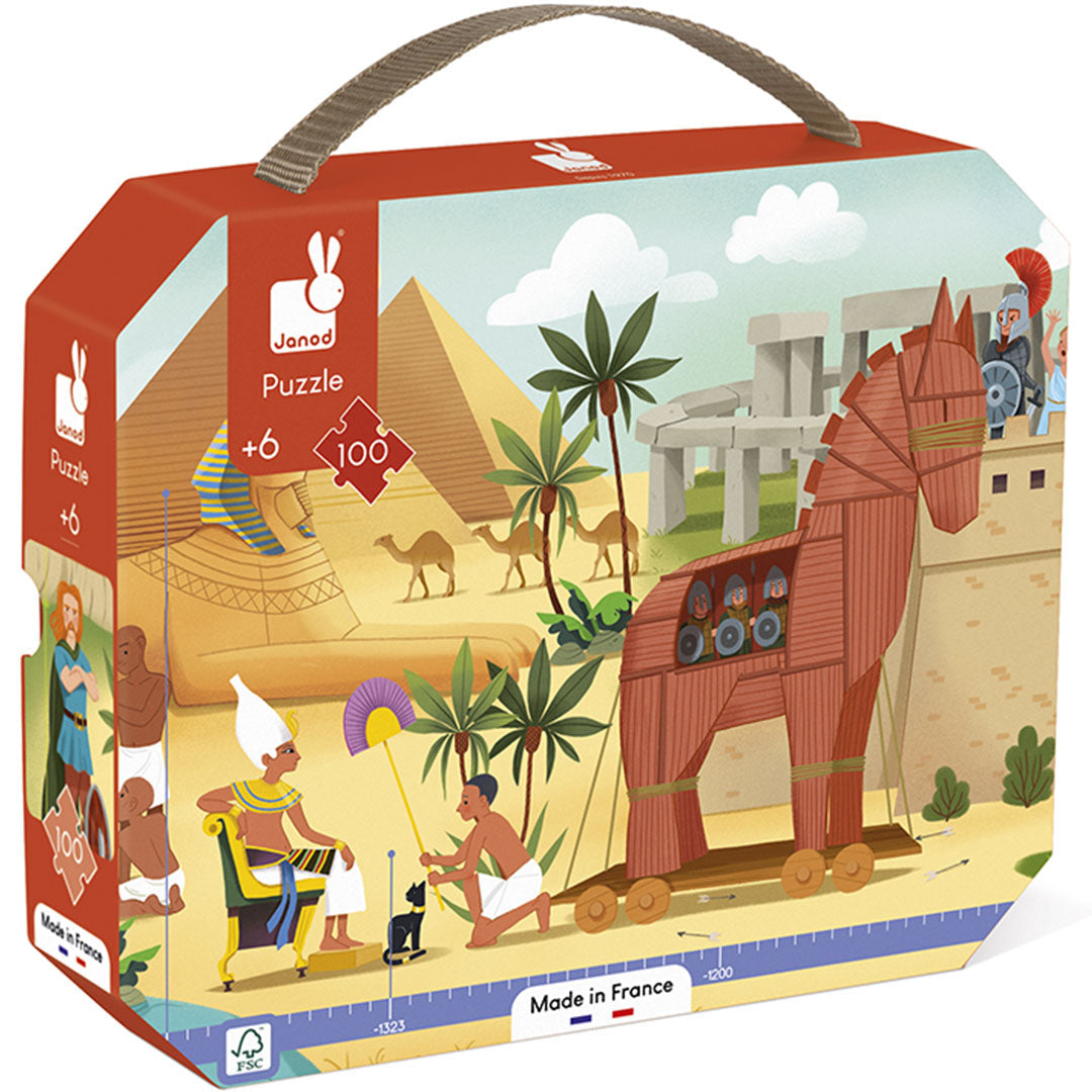 Verpakking van de Janod puzzel mythologie en oudheid met afbeelding van piramides en het Trojaanse paard.