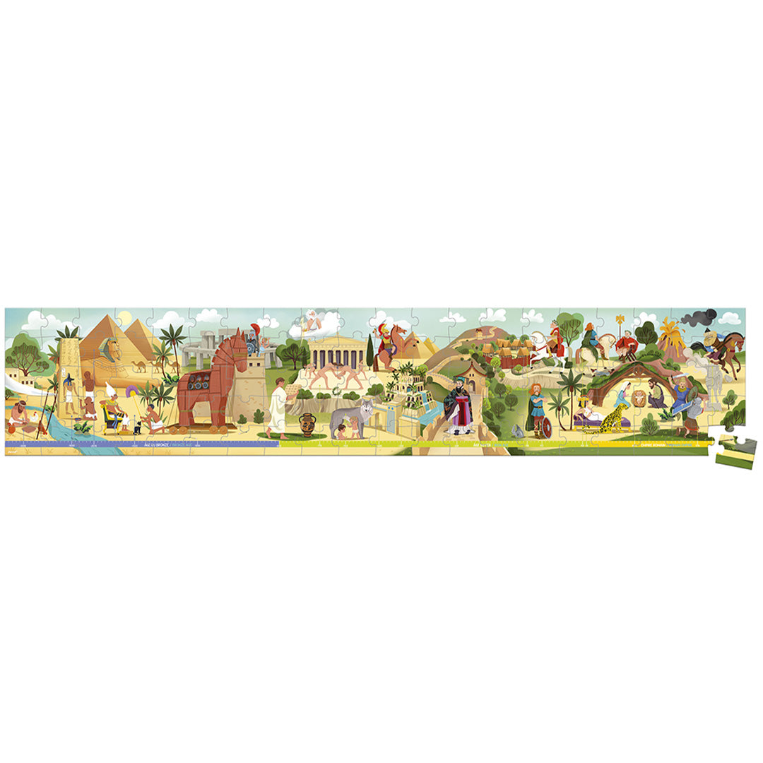 Volledige Janod legpuzzel mythologie en oudheid met een lange afbeelding van historische scènes.