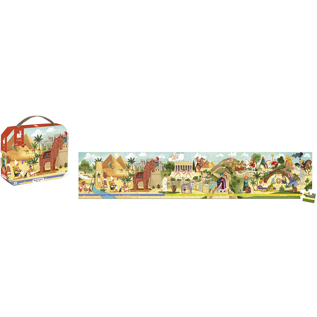 De Janod puzzel mythologie en oudheid, met links de verpakking en rechts de complete legpuzzel.