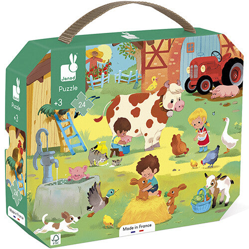 Janod legpuzzel verpakking met een boerderijtafereel van kinderen en dieren.