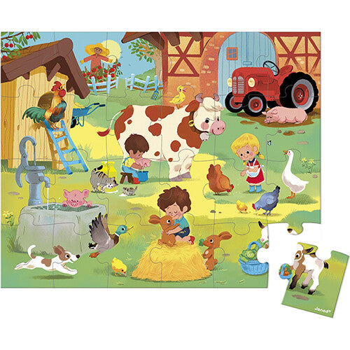 Janod legpuzzel van 24 stukjes met een boerderijtafereel van kinderen en dieren.