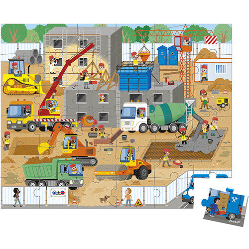 Janod legpuzzel van 36 stukjes met een gedetailleerde illustratie van een drukke bouwplaats.