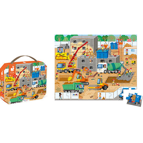 Janod puzzel op de bouwplaats, met de verpakking en de complete legpuzzel naast elkaar.