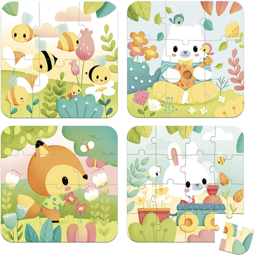 Vier Janod kinderlegpuzzels met dieren en bloemen, waaronder bijen, een beer, een vos en een konijn.