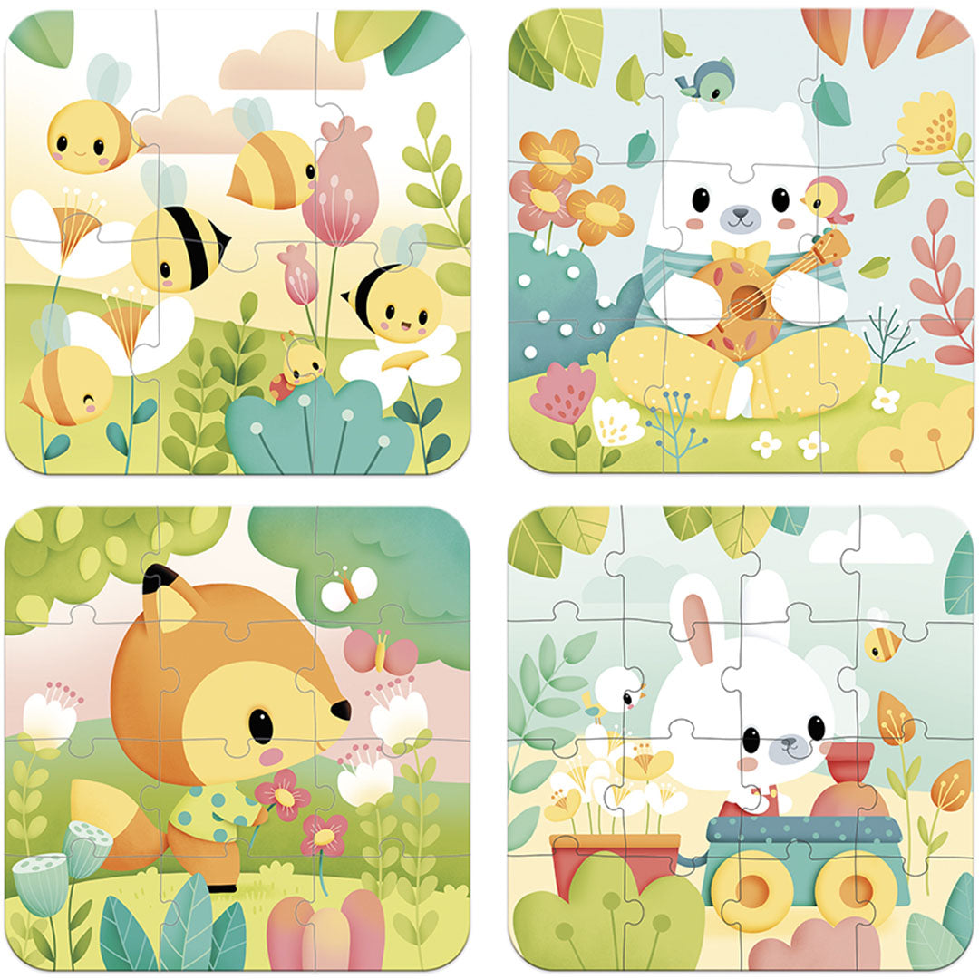 Vier Janod kinderlegpuzzels met dieren en bloemen, waaronder bijen, een beer, een vos en een konijn.