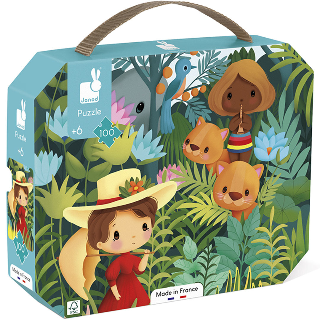 Schuine weergave van de Janod legpuzzel verpakking met een jungle thema.