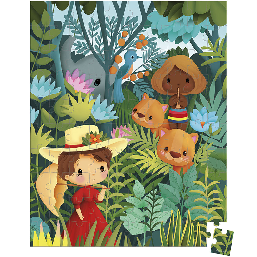 De Janod legpuzzel met 100 stukjes toont een jungle tafereel met kinderen en dieren, met één los puzzelstukje.