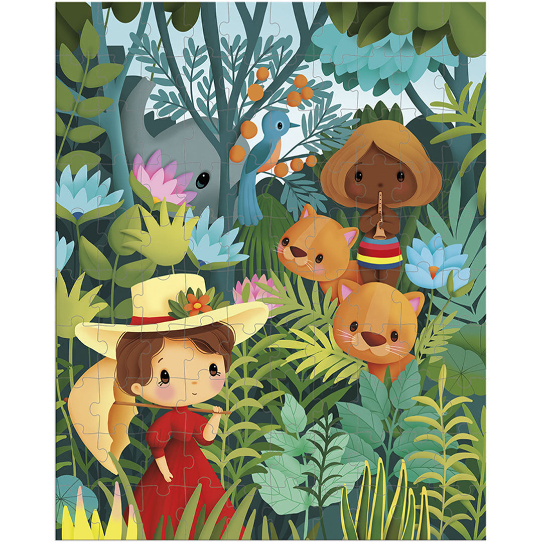 De complete Janod legpuzzel met 100 stukjes toont een jungle tafereel met kinderen en dieren.