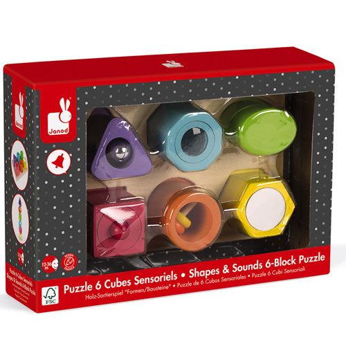 De verpakking van de Janod houten sensorische puzzel met zes kleurrijke blokken.