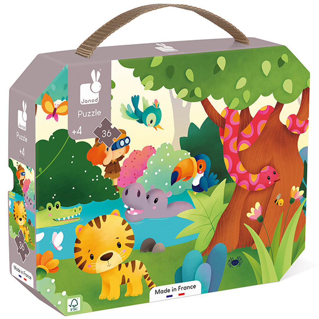 Janod kinderpuzzel wilde dieren verpakking met een illustratie van een tijger, nijlpaard en andere jungle dieren.