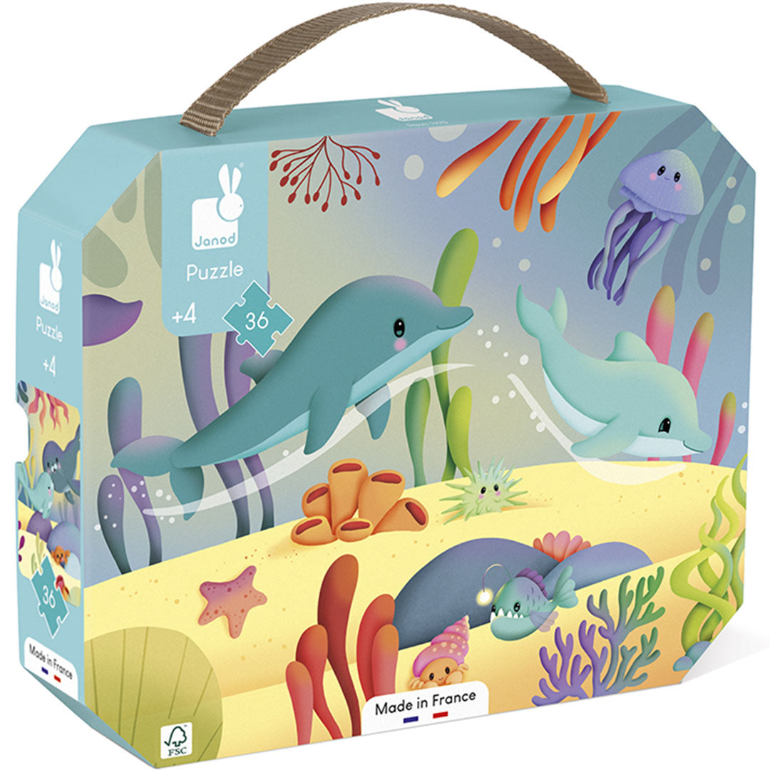 Janod puzzel zeedieren verpakking met twee dolfijnen en onderwaterleven.