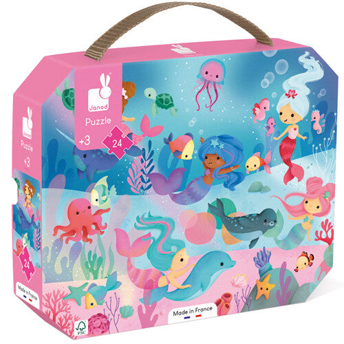 Janod puzzelverpakking met een illustratie van zeemeerminnen en onderwaterdieren.
