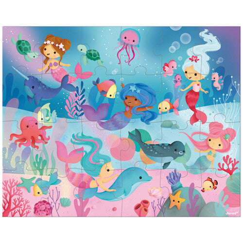 Janod legpuzzel van 24 stukjes met een vrolijke onderwaterwereld vol zeemeerminnen en zeedieren.