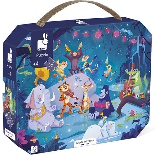 Janod kinderpuzzel zomerfeest verpakking met jungle dieren die muziek maken.