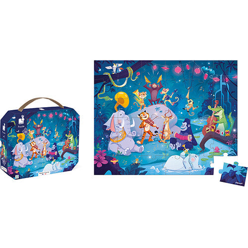 Janod kinderpuzzel zomerfeest, met de verpakking en de complete legpuzzel van jungle dieren die muziek maken.