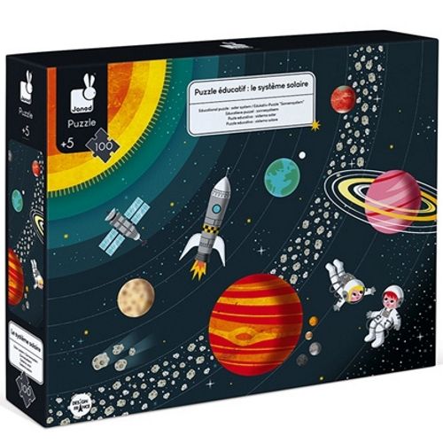 Janod puzzel zonnestelsel verpakking met een illustratie van planeten, een raket en astronauten.