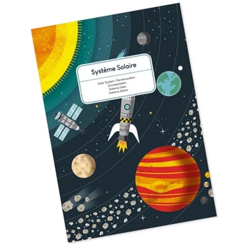 Detail van de zonnestelsel puzzel illustratie met planeten, een raket en de titel 'Système Solaire'.