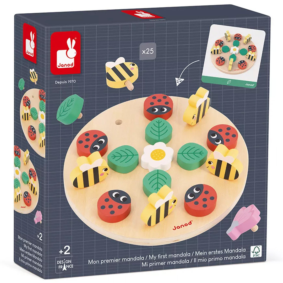 De verpakking van het Janod houten mandala puzzelspel met een afbeelding van het spel met insecten en bloemen.