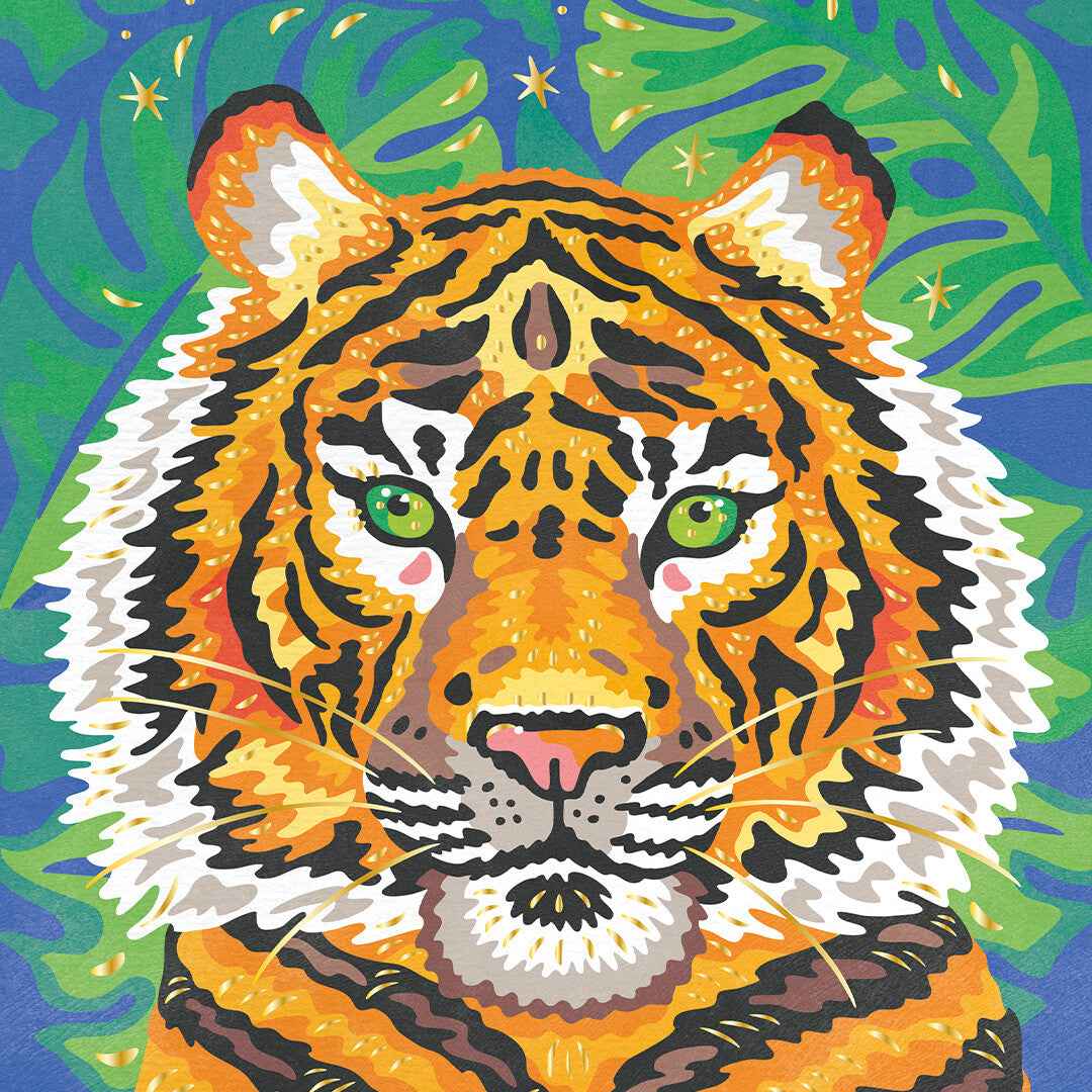 Detail van een voltooid Janod schilderen op nummer schilderij van een tijgerkop.